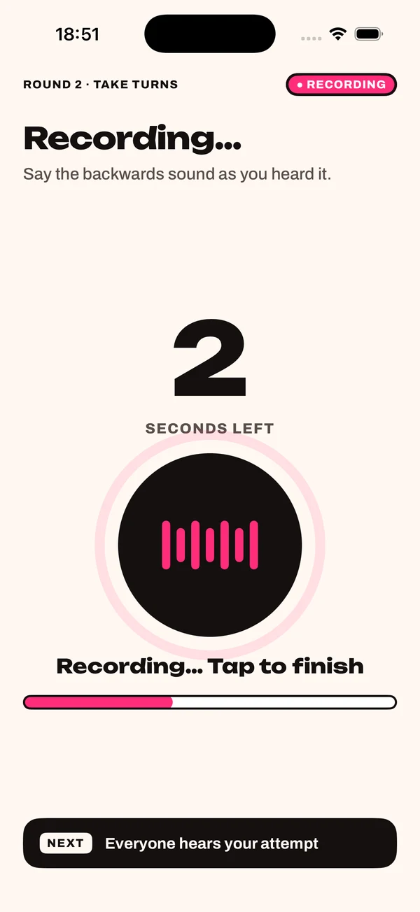 A player's three-second attempt recording, showing live sound bars and seconds remaining